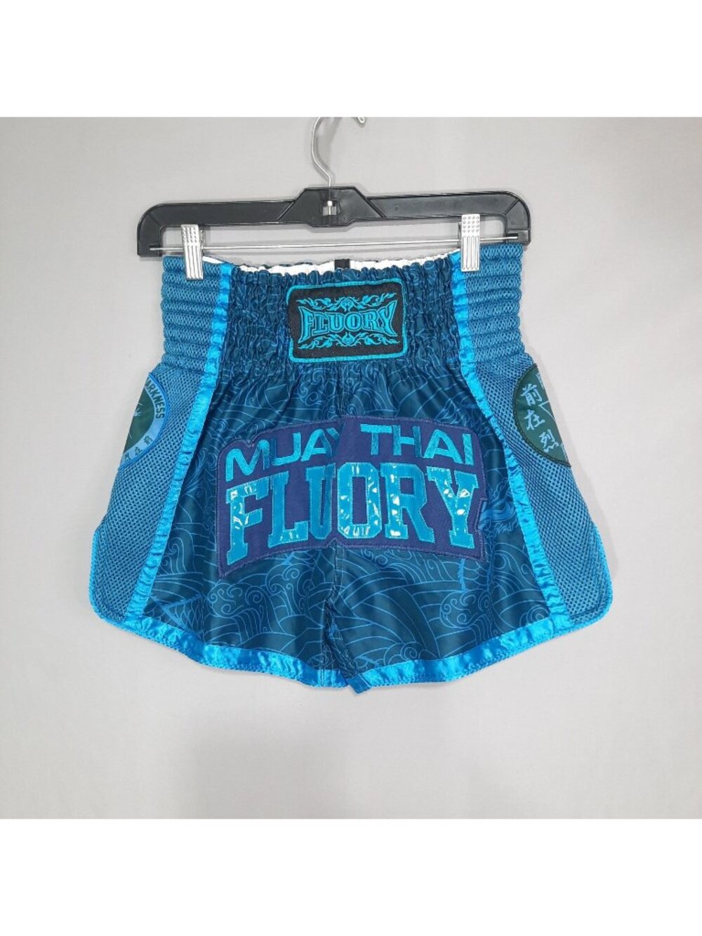 FLUORY Muay Thai Boxing Shorts Mens M Teal Blue Green Dragon Embroidered Panels